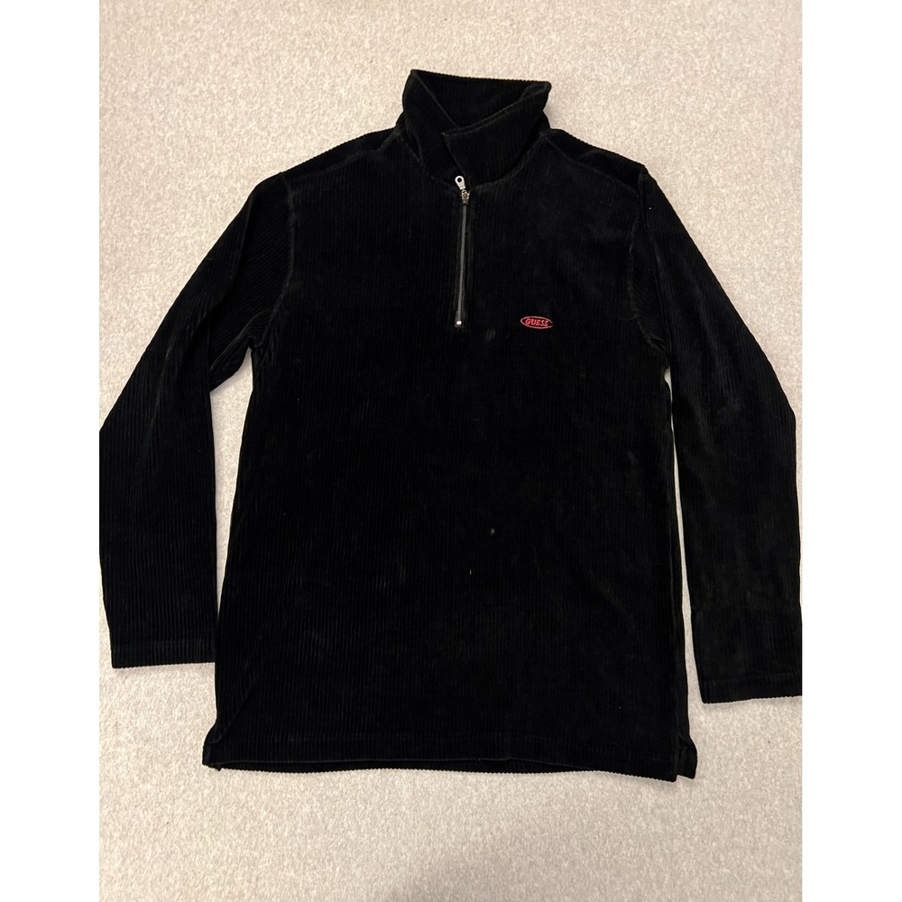 Guess Sweatshirt Men's XXL Black Corduroy 1/4 Zip Pullover 90s Grunge Vintage